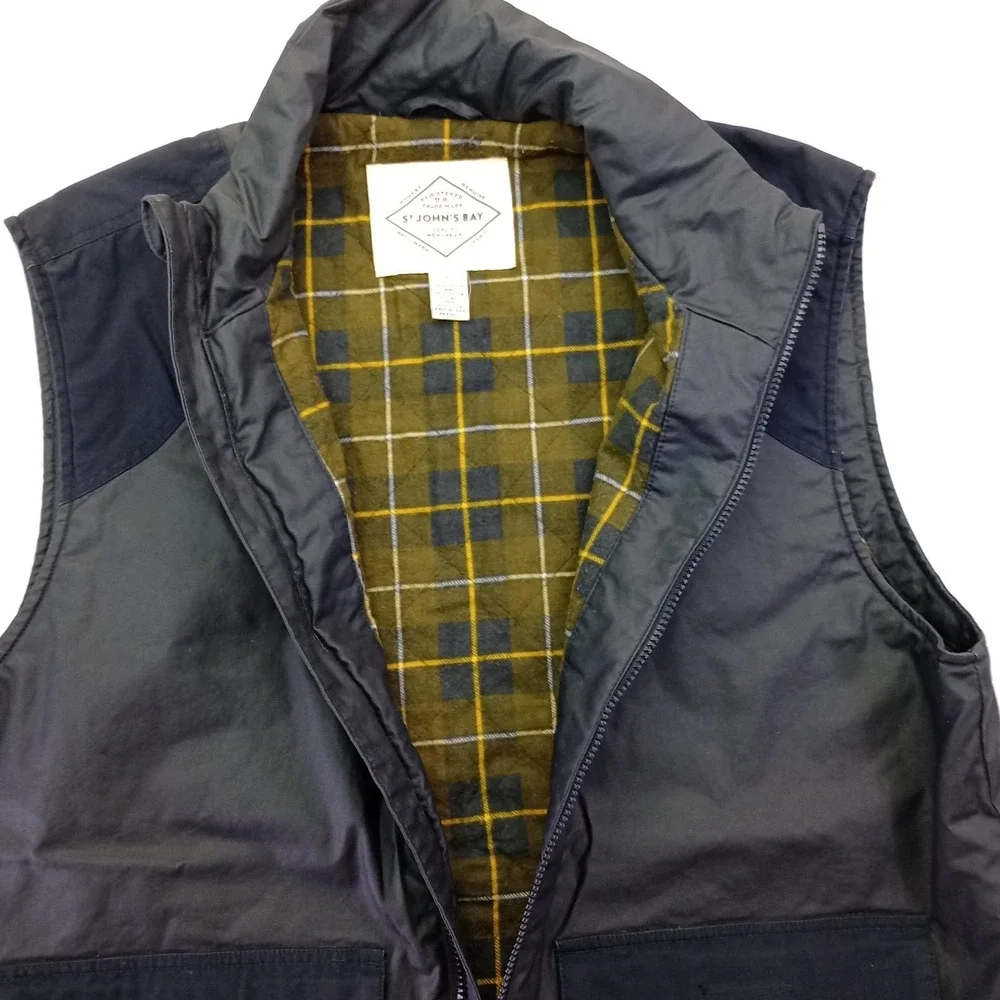 St. John's Bay Mens‎ Vest Navy Full Zip Plaid Lined Cotton Large